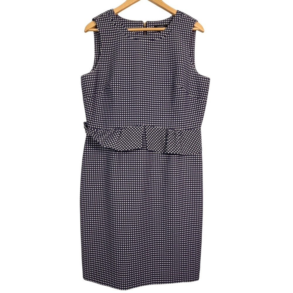 Tahari Navy Blue White Polka Dot Peplum Sheath Dress Sleeveless Gold Zipper 39L
